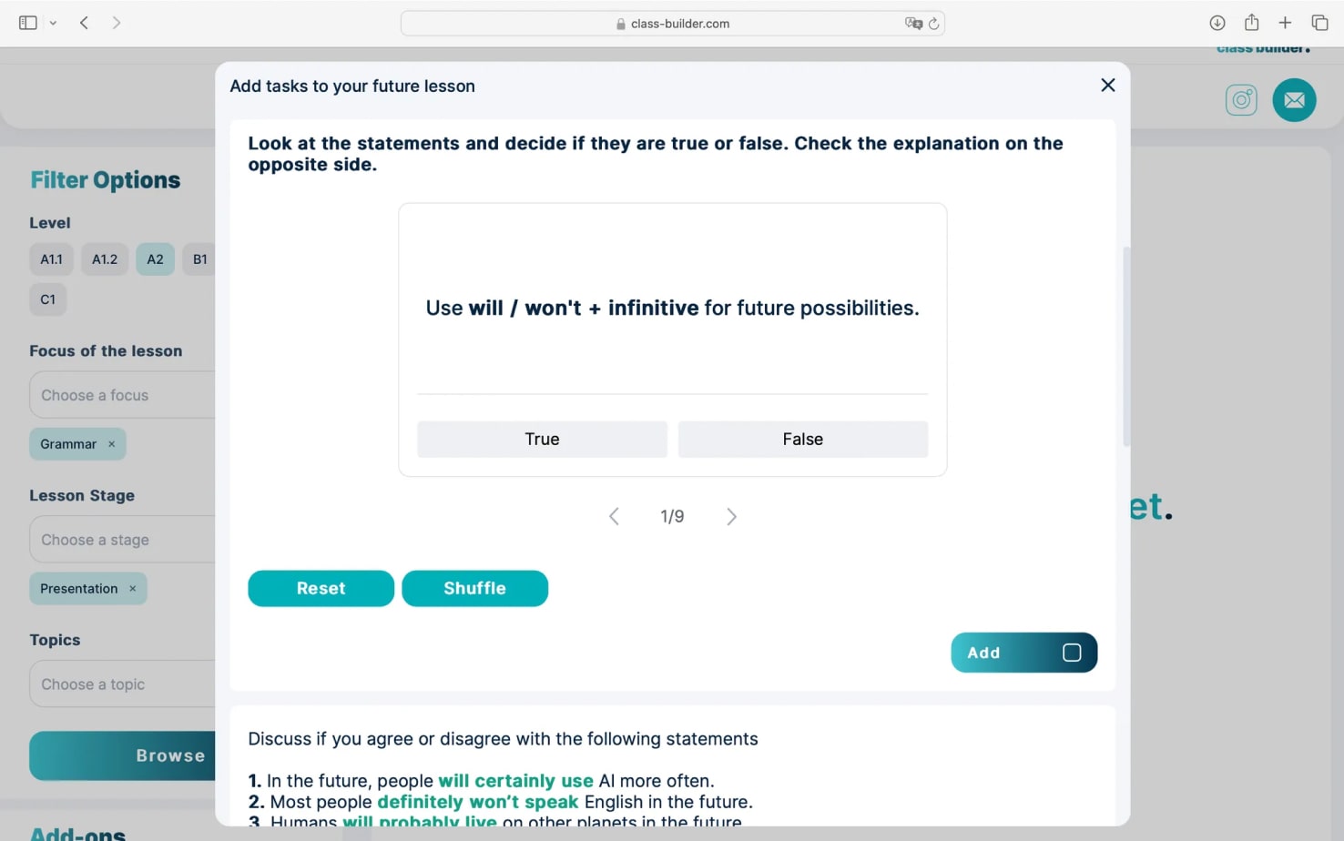 Edit ESL lesson flow and content in Class Builder to match student preferences