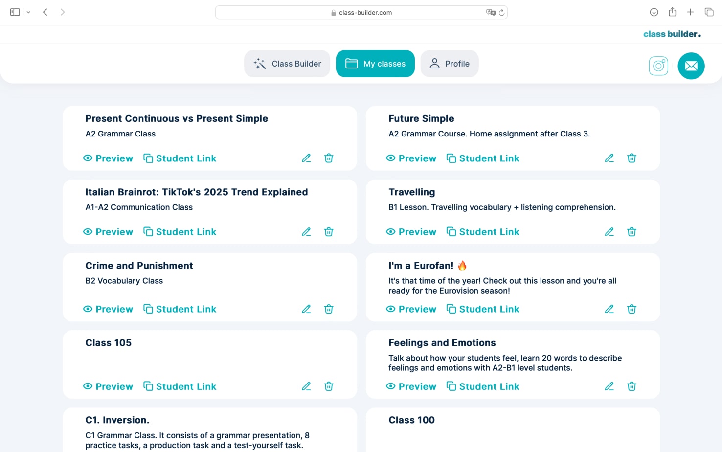 Share ESL class with the student link from Class Builder, preview, edit and customize your lesson anytime