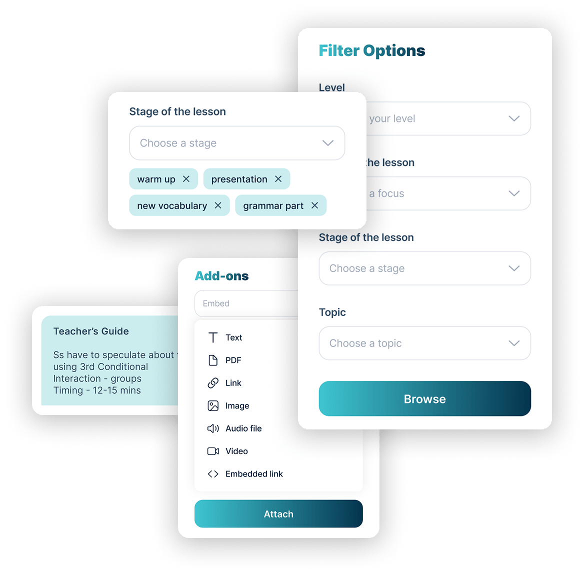 Class Builder ESL lesson builder interface with filter options and interactive worksheet builder for online classes
